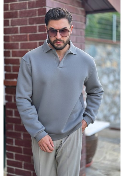 Erkek Gri Polo Yakalı Pamuklu Yumuşak Kalın Kumaşlı Oversize Sweatshirt
