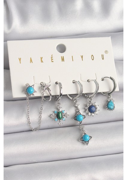 Pirinç Gümüş Renk Zirkon Taş Detaylı Mavi Boncuklu Çiçek Model VIP Seri Kadın Küpe Kombini - Lisinya