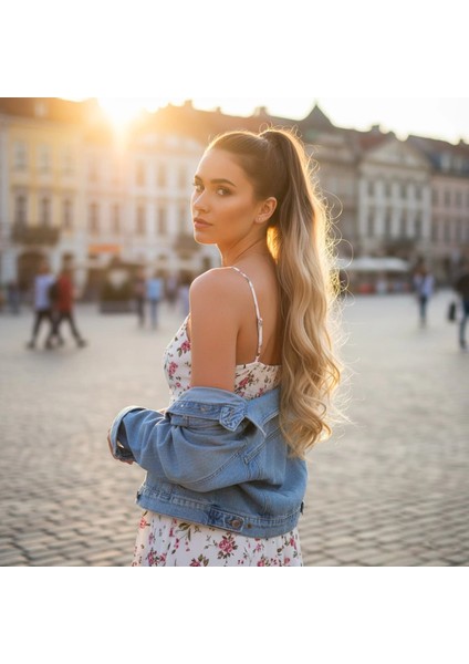 Bağlamalı Dalgalı At Kuyruğu - Kahve / Bal Köpüğü Ombre ve Platin Işıltılı