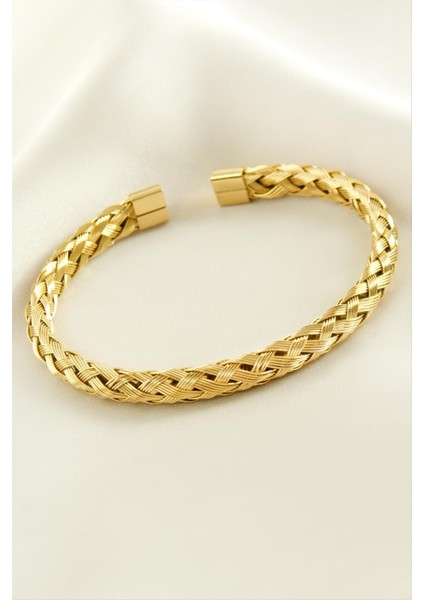 Ds-Derin Örgülü Lüks Çelik Kelepçe Bileklik-Sarı