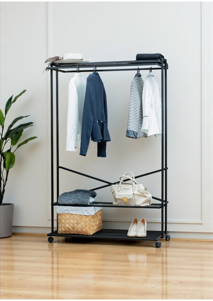 Siyah Metal Elbise Askılığı Iki Yönlü 3 Raflı Tekerlekli Askılık Portmanto ve Konfeksiyon Askılığı
