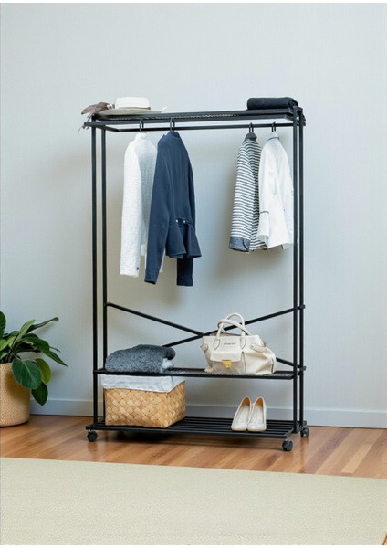 Siyah Metal Elbise Askılığı Iki Yönlü 3 Raflı Tekerlekli Askılık Portmanto ve Konfeksiyon Askılığı fiyatları
