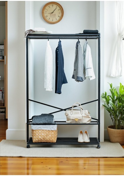 Siyah Metal Elbise Askılığı Iki Yönlü 3 Raflı Tekerlekli Askılık Portmanto ve Konfeksiyon Askılığı modelleri