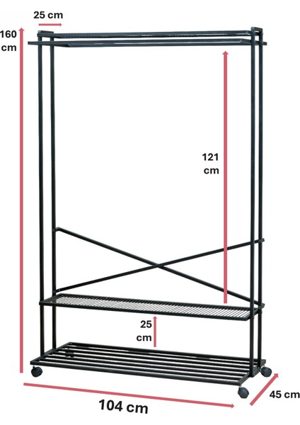 Siyah Metal Elbise Askılığı Iki Yönlü 3 Raflı Tekerlekli Askılık Portmanto ve Konfeksiyon Askılığı indirimleri