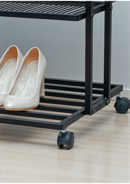 Siyah Metal Elbise Askılığı Iki Yönlü 3 Raflı Tekerlekli Askılık Portmanto ve Konfeksiyon Askılığı
