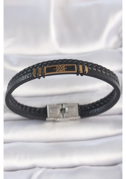 316L Çelik Gold Renk Gemi Dümeni Aksesuarlı Çift Sıra Burgu Desenli Deri Kordon Erkek Bileklik - Lisinya