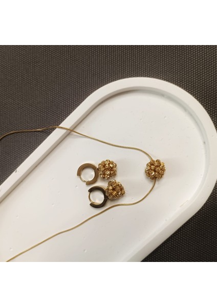 Hasır Örme Topak Kolye ve Küpe Seti 316L Çelik Gold Renk