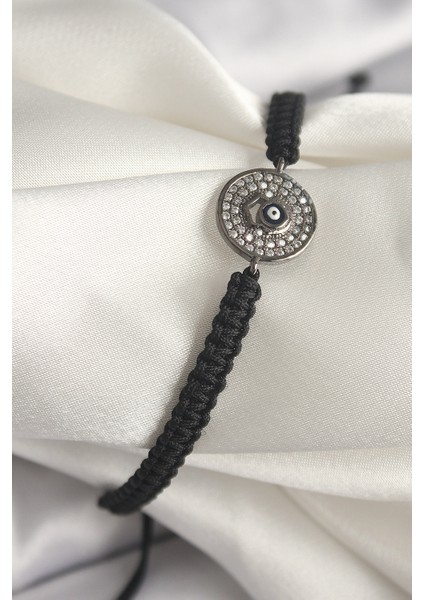 Pirinç Füme Renk Zirkon Taşlı Nazar Boncuk İşleme Makrome Asansörlü Model Kadın Bileklik - Lisinya