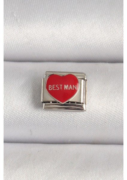 316L Çelik Gümüş Renk 'Best Man' Yazılı Kırmızı Kalp İşlemeli Nomination Charm - Lisinya