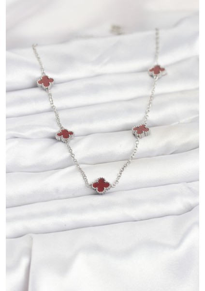 316L Çelik Zincir Gümüş Renk Bordo Baby Boy Yonca Kadın Kolye - Lisinya fiyatları