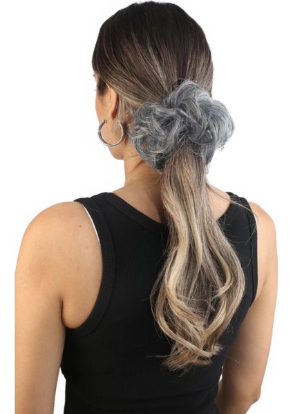 Saçlı Lastikli Topuz Toka - Kırçıllı Gri