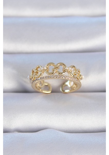 Pirinç Gold Renk Zirkon Taşlı İnci Detay Kadın Yüzük - Lisinya