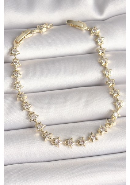 Pirinç Gold Renk Zirkon Taşlı Yıldız Model VIP Seri Kadın Bileklik - Lisinya