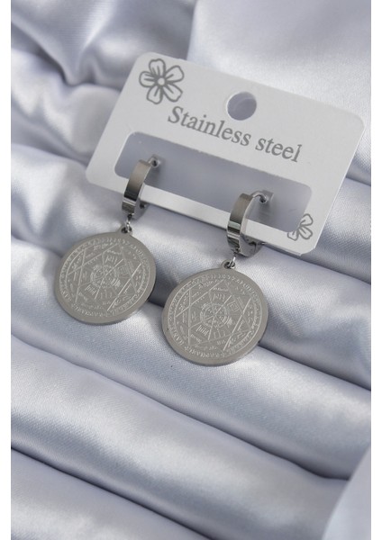 316L Çelik Gümüş Renk Pentagram Yıldızı İşleme Kadın Küpe - Lisinya