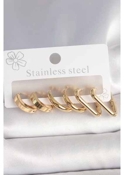 316L Çelik Gold Renk Üçgen Halka Model Kadın Küpe Seti - Lisinya