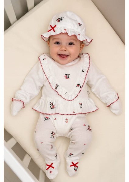 0-3 Ay Kız Bebek Kokina Desenli %100 Pamuk 5 Li Zıbın Takımı