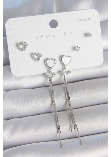 Pirinç Gümüş Sallantı Beyaz Mineli Kalp Model Zirkon Taşlı Kalp Detay 925 Ayar Gümüş Çivi Kadın Küpe Seti - Lisinya