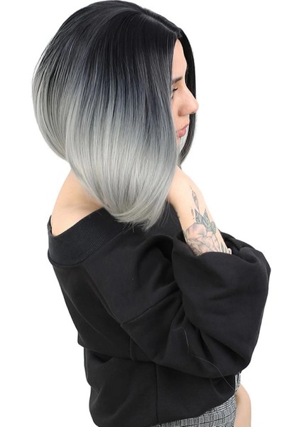 Kahkülsüz Düz Kısa Fiber Sentetik Peruk - Siyah / Gri Ombreli fiyatları
