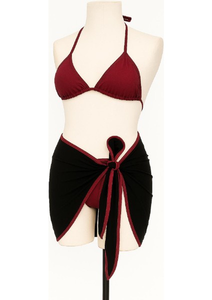 Kadın Bordo Siyah Pareolu Yandan ve Boyundan Bağlamalı 3'lü Bikini Takımı fiyatları
