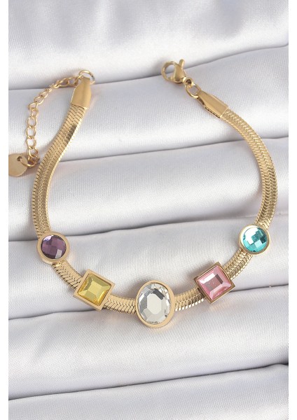 316L Çelik Gold Renk İtalyan Zincir Renkli Zirkon Taşlı Kadın Bileklik - Lisinya