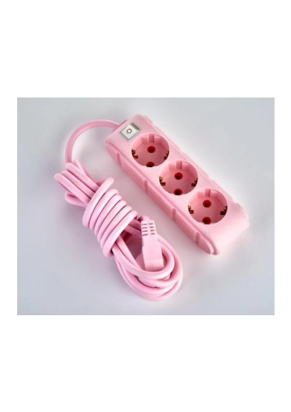 Merkez Elektrik Pembe Renkli Anahtarlı Üçlü Topraklı Kablolu Topraklı Grup Priz 3 Metre