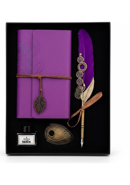 Kişiye Özel Mor Renk Divit Hokka Defter ve Tüylü Kalem Seti
