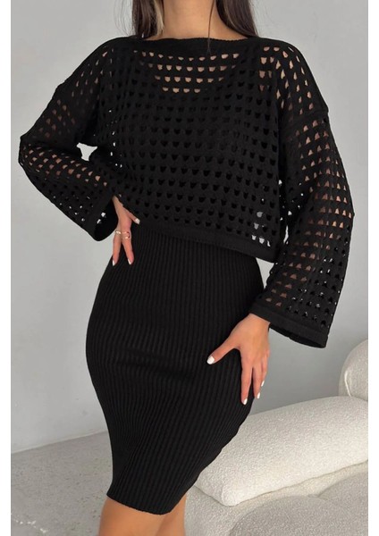 Ajurlu Kazak Düz Elbise Ikili Triko Takım