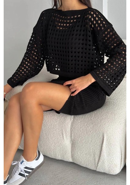 Ajurlu Kazak Düz Elbise Ikili Triko Takım fiyatları