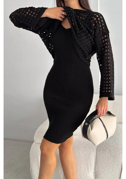 Ajurlu Kazak Düz Elbise Ikili Triko Takım fırsatları