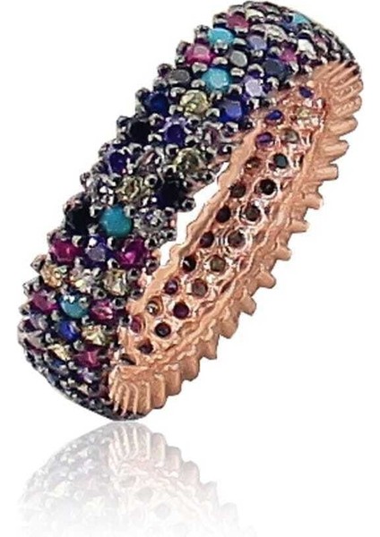 Renkli Doğal Taşlı Kadın Tamtur Üç Sıralı Gümüş Yüzük