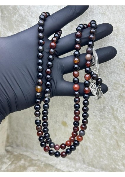 Doğaltaş Akik 8mm Kırmızı Siyah Namaz Tesbihi, Yeşil Renkli