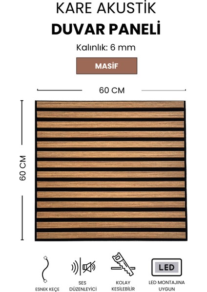 Kare Masif Renk 60x60 CM MDF Çıtalı 800 GR Keçeli Akustik Duvar Paneli fiyatları