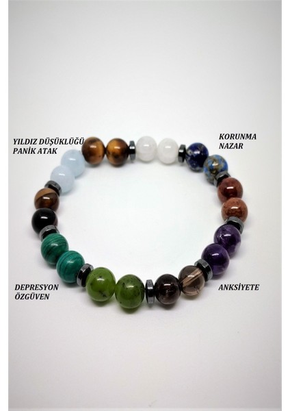 Doğal Taşlı Çok Renkli Panik Atak Koruyucu Bileklik, Sertifikalı Şifa Taşı Seçeneği