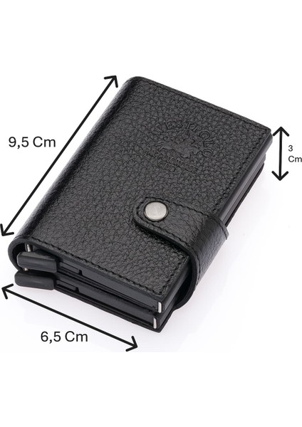 Hakiki Deri Çift Mekanizmalı Unisex Kartlık - Siyah