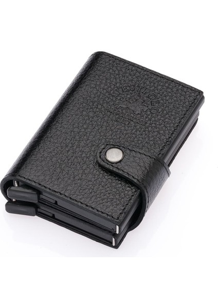Hakiki Deri Çift Mekanizmalı Unisex Kartlık - Siyah fiyatları