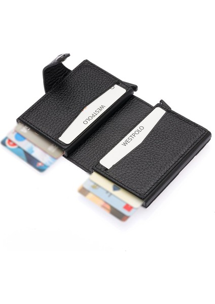 Hakiki Deri Çift Mekanizmalı Unisex Kartlık - Siyah modelleri