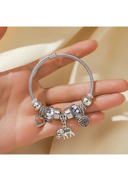 Pandora Tarz , Siyah Taşlı Hayat Ağacı Fil Kalp, Charmlı Bileklik, Ahşap Kutu Içerisinde