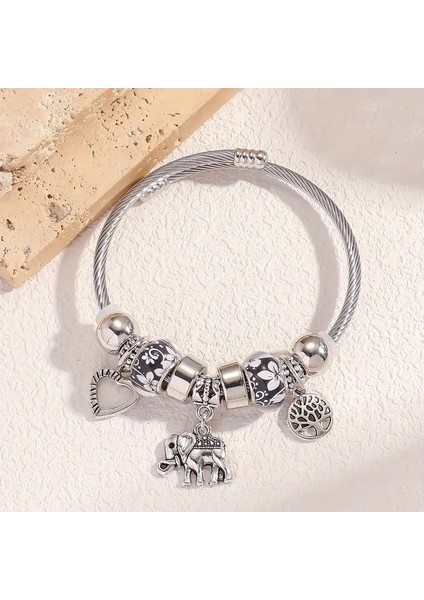 Pandora Tarz , Siyah Taşlı Hayat Ağacı Fil Kalp, Charmlı Bileklik, Ahşap Kutu Içerisinde fırsatları