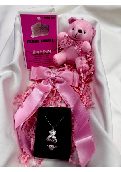 Sevgililer Günü Için Güzel Pembe Kalp, Ayıcık, Doğal Taş Bileklik ve Kurdele Toka