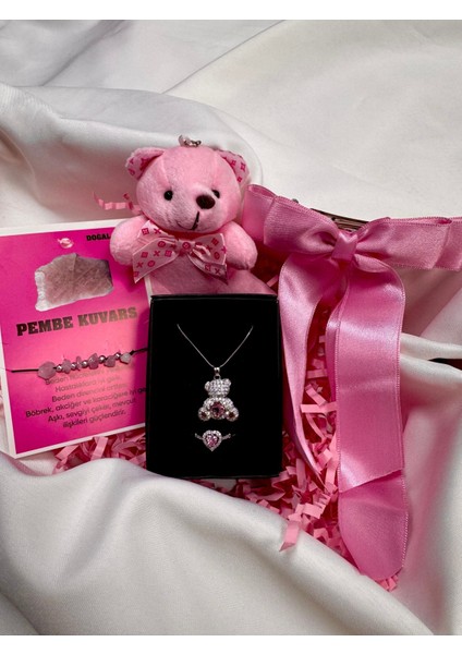 Sevgililer Günü Için Güzel Pembe Kalp, Ayıcık, Doğal Taş Bileklik ve Kurdele Toka fiyatları