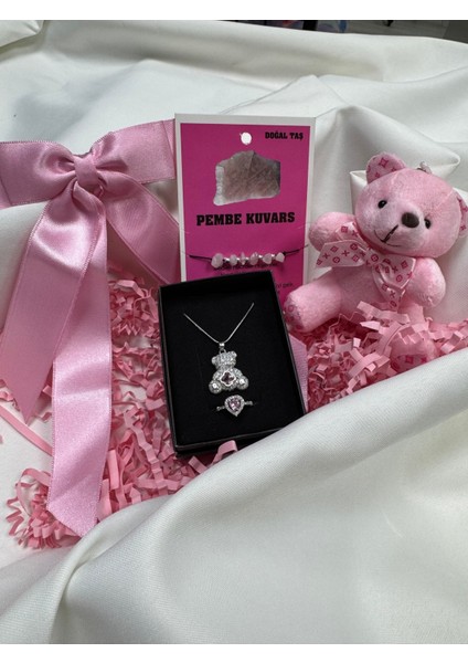Sevgililer Günü Için Güzel Pembe Kalp, Ayıcık, Doğal Taş Bileklik ve Kurdele Toka fırsatları