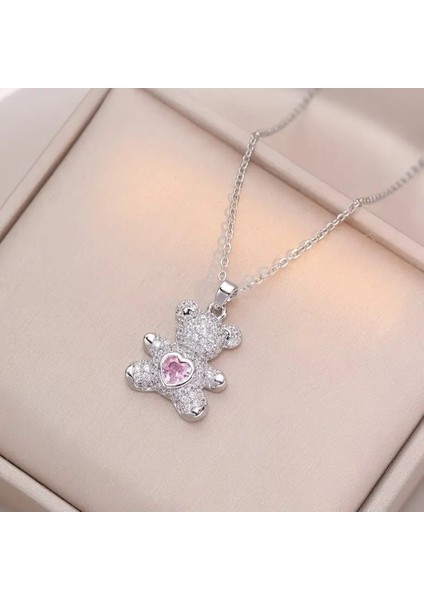 Sevgililer Günü Için Güzel Pembe Kalp, Ayıcık, Doğal Taş Bileklik ve Kurdele Toka