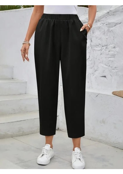 Kadın Yüksek Bel Yandan Cepli Düğme Detaylı Geniş Kesim Ithal Krep Pantolon