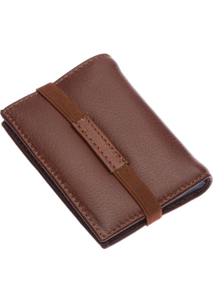 Hakiki Deri Bol Şeffaf Kart Bölmeli Lastikli Unisex Kartlık - Taba