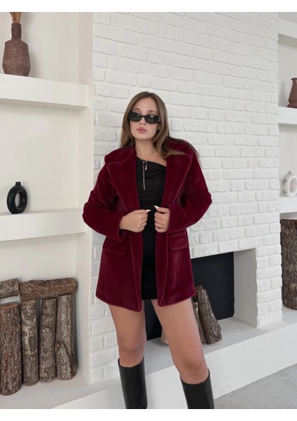 Premium Yumuşak Dokulu Kürk Görünümlü Fok Ceket Bordo