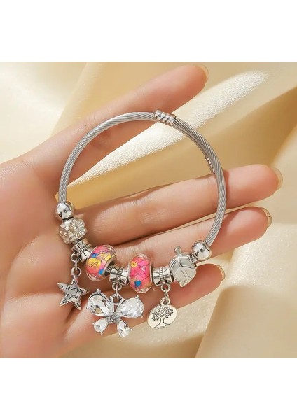 Pandora Tarz , I Love You Kelebek Hayat Ağacı Charmlı Gümüş Bileklik, Ahşap Kutu Içerisinde