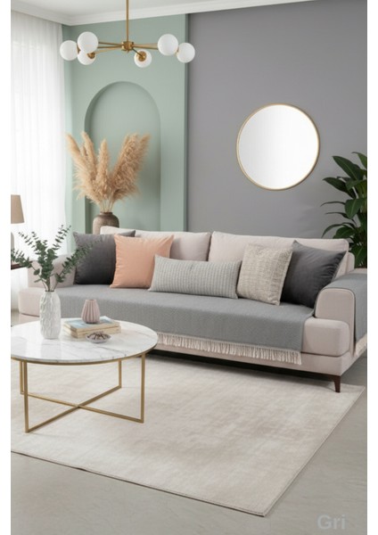 Gri Pamuklu Koltuk Örtüsü 115 x 200 Önden Saçaklı Çizgili Desenli