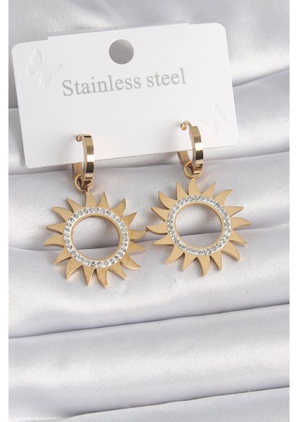 316L Çelik Gold Renk Zirkon Taşlı Güneş Model Kadın Küpe - Lisinya