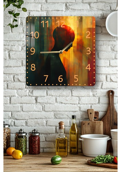 Soyut Siluet Temalı Temperli Cam Kare Saat 33X33 cm Ebadında Uv Baskı - KCS068