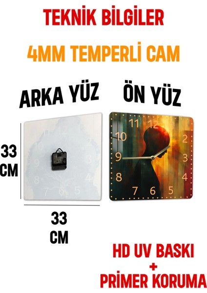 Soyut Siluet Temalı Temperli Cam Kare Saat 33X33 cm Ebadında Uv Baskı - KCS068